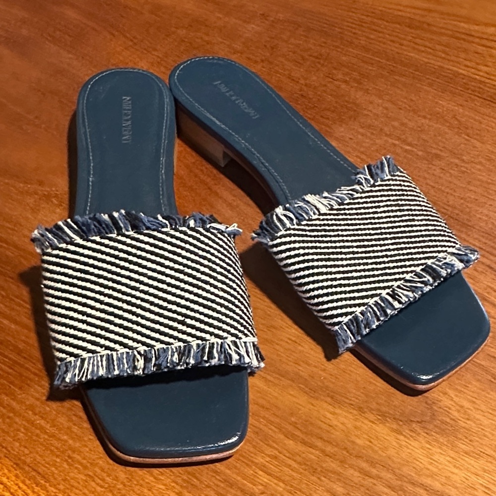 J. McLaughlin Blue & White Striped Fringed Slide Sandals